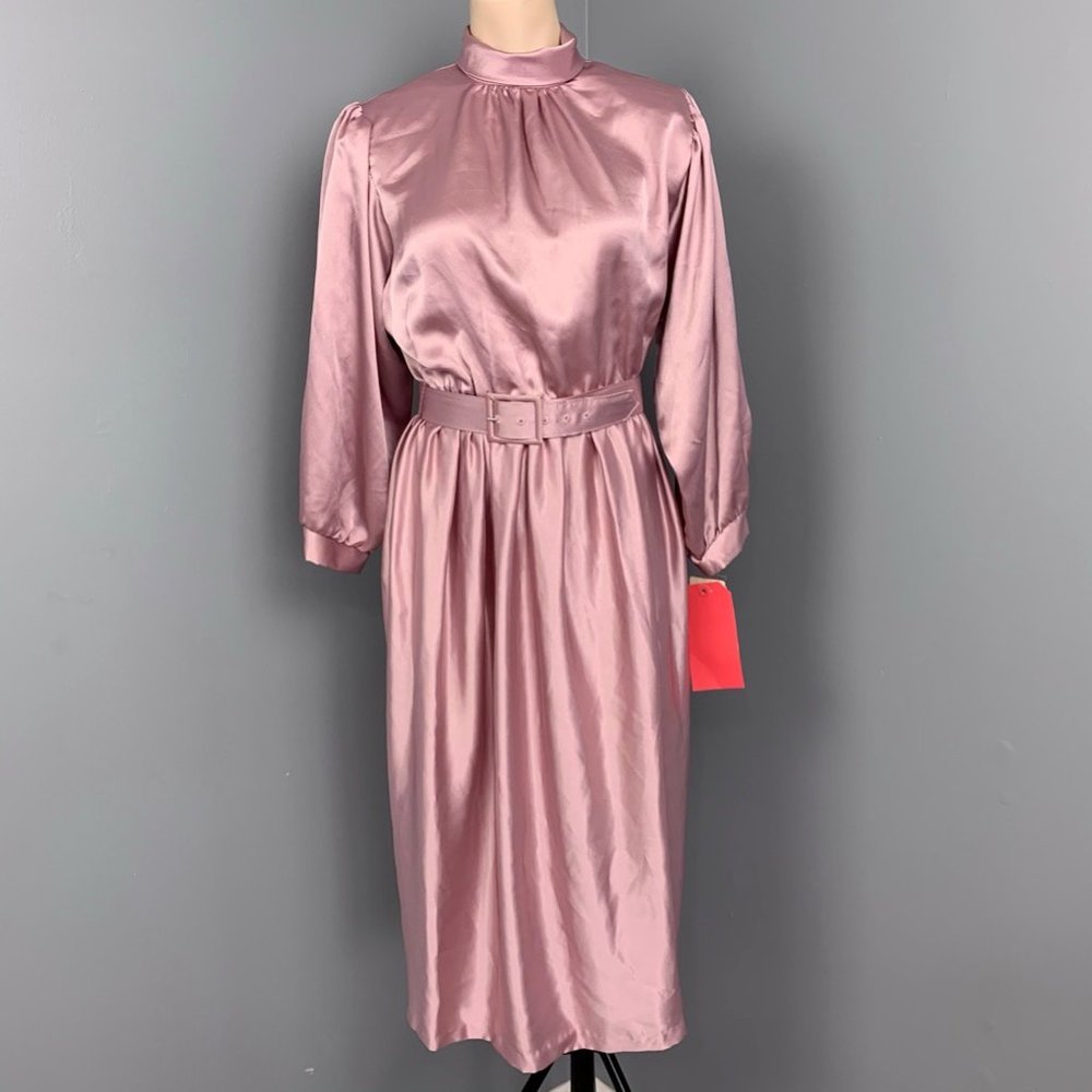Vintage 70s 80s Womens Satin Dress Mauve Pink Peri 8P Puffy Sleeves